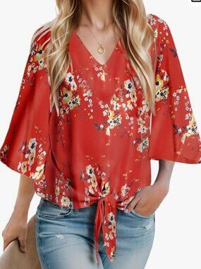 Red Floral V Neck Short Sleeve Dolman Top